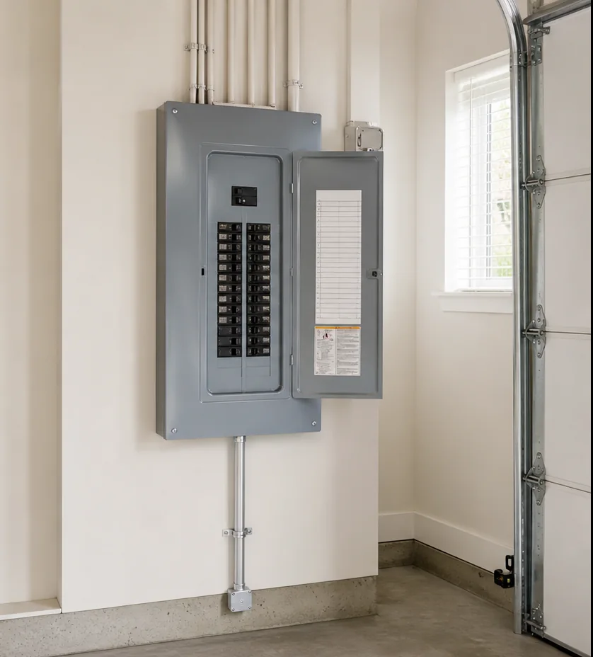 Garage sub-panel with the user door open and surrounding wall and conduit visible