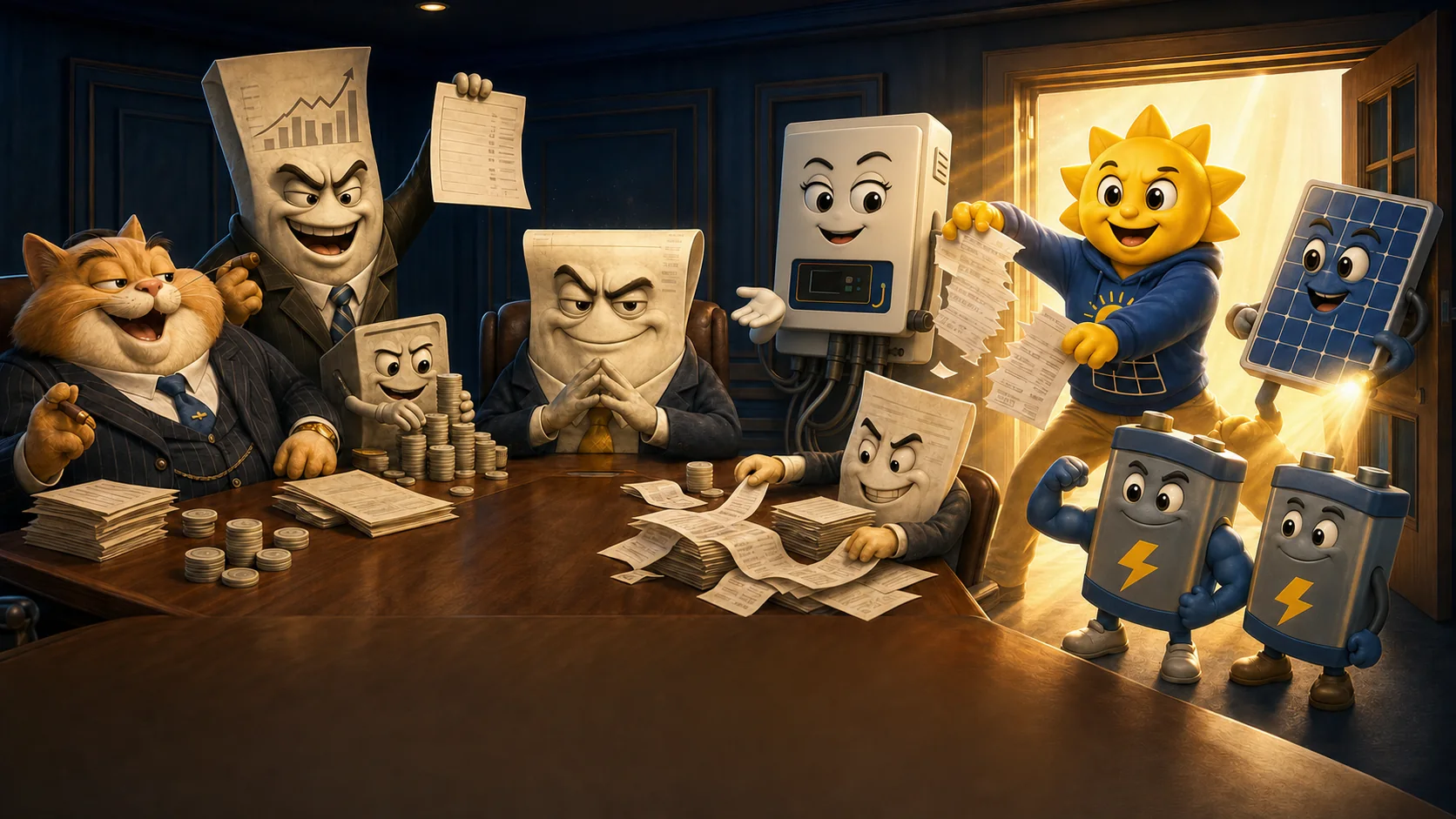 Ray, Irene, Wattson, and the Battery Brothers ripping up a power bill in front of the Power Bill Mafia