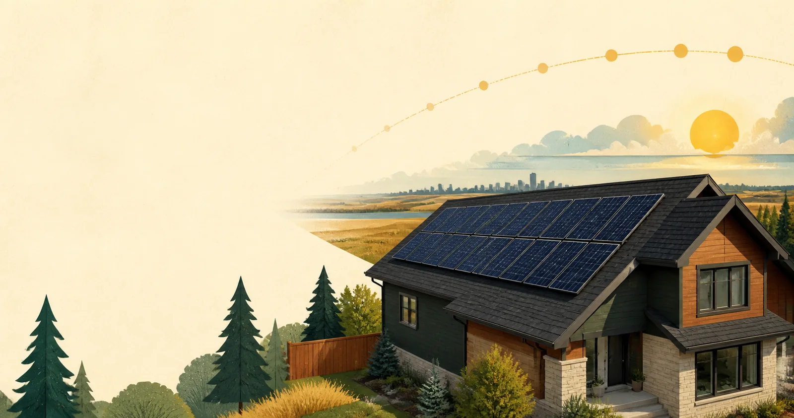 A bright Canadian home with rooftop solar under a warm prairie sky