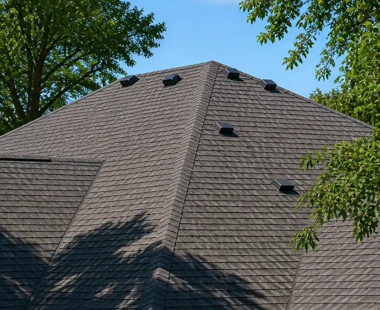 Useful opposite three-quarter view showing the other roof planes and shade context