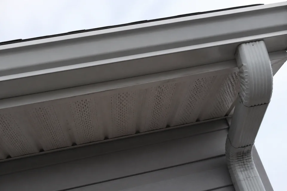 Unusable close-up in which the soffit and gutter hide almost the entire roof