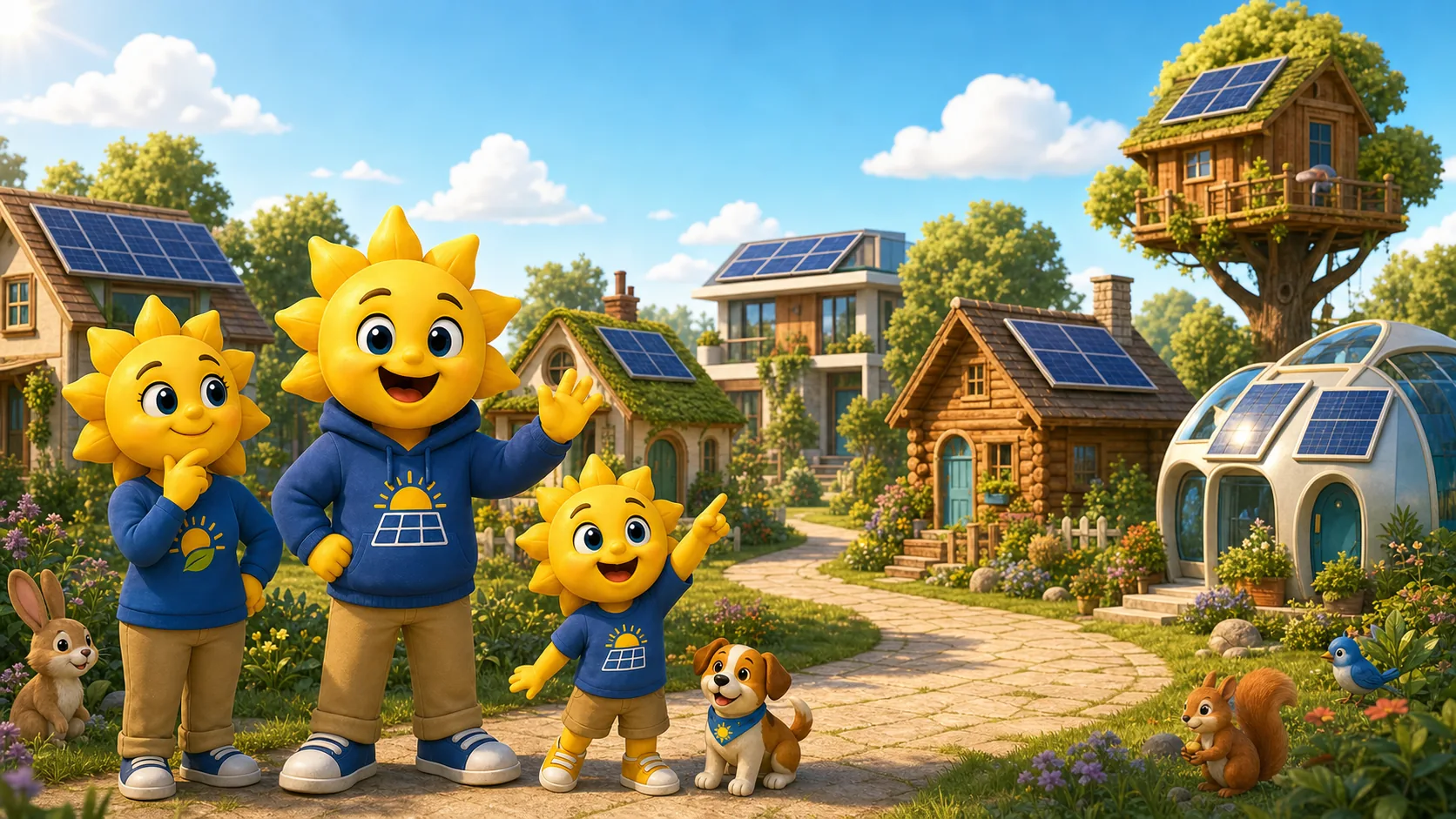 Ray, Dunna, Flare, Solar Pup, and their animal friends welcoming visitors to a neighbourhood of imaginative solar homes