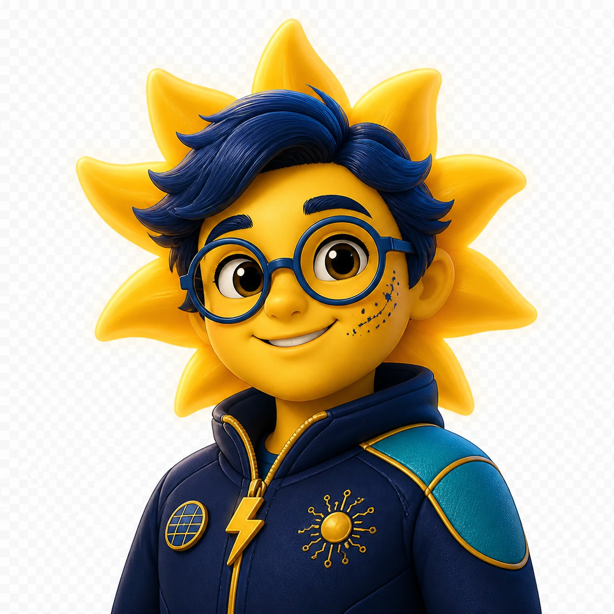 SolarSeeker47's unique avatar with navy hair, round glasses, constellation freckles, and an ocean-blue tech jacket