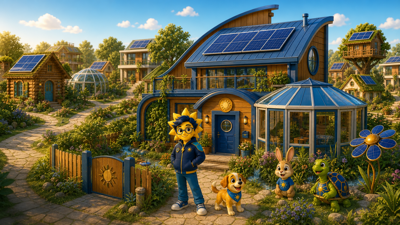 SolarSeeker47 standing with Solar Pup, Sunny Bunny, and Solar Tortoise outside their custom Ocean Curve house in the shared solar neighbourhood