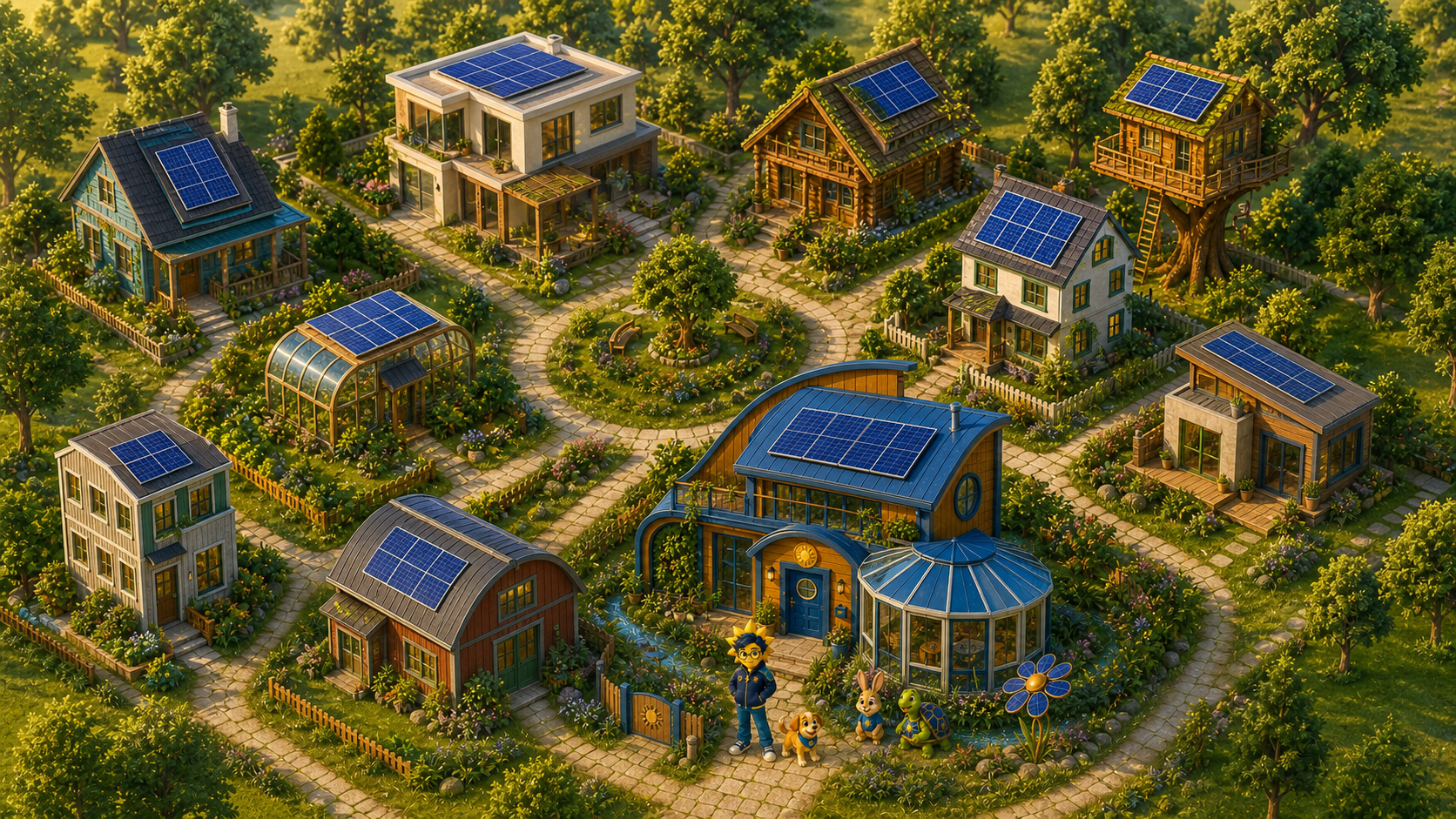 Elevated view of ten distinct solar homes with SolarSeeker47's Ocean Curve house, avatar, and pets featured in the lower centre